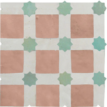 Mosaic House Moroccan tile Alhambra L 21-1-12 Pink White Light Green  zellige, mosaic, zellij, field, pattern, glaze, stars 